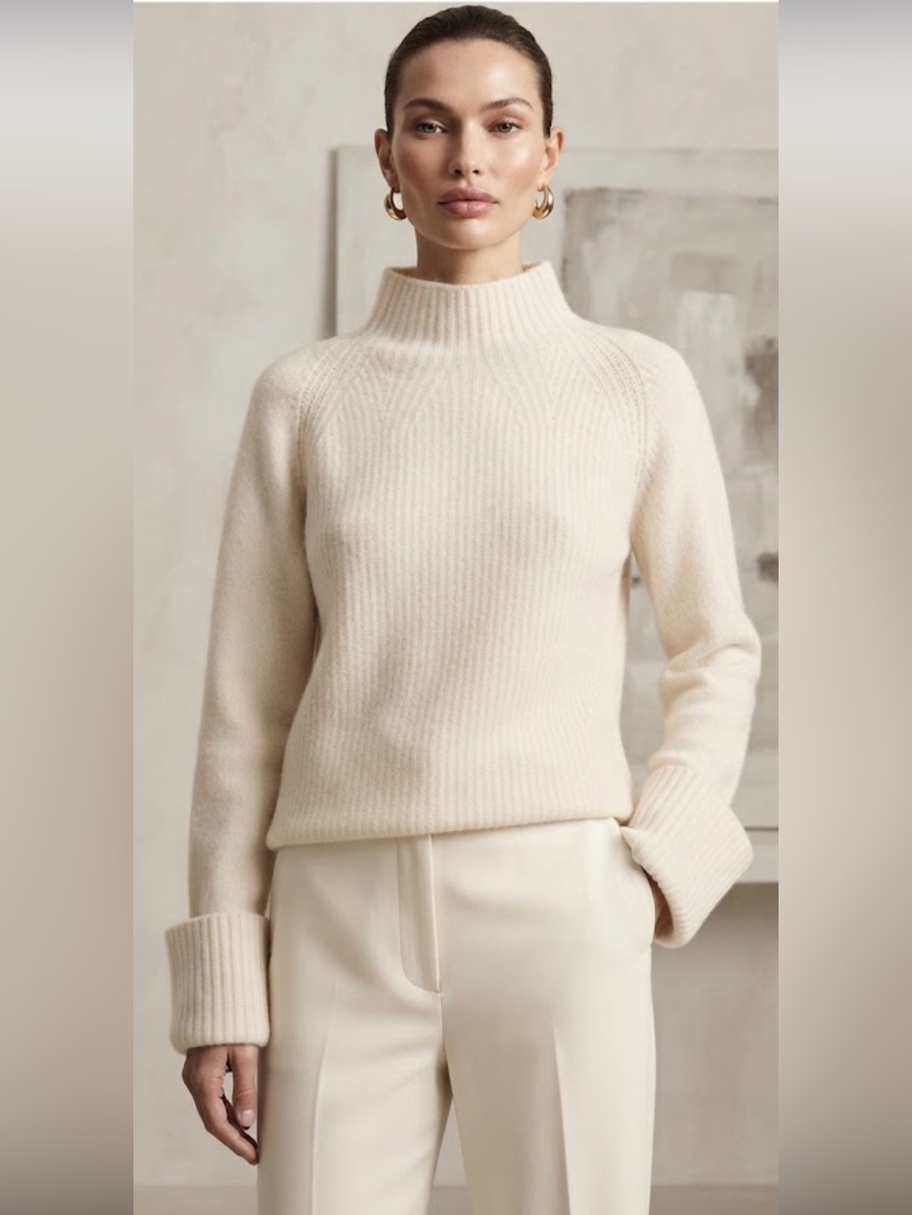 NWOT Vince mix stitch funnel neck white wool sweater
